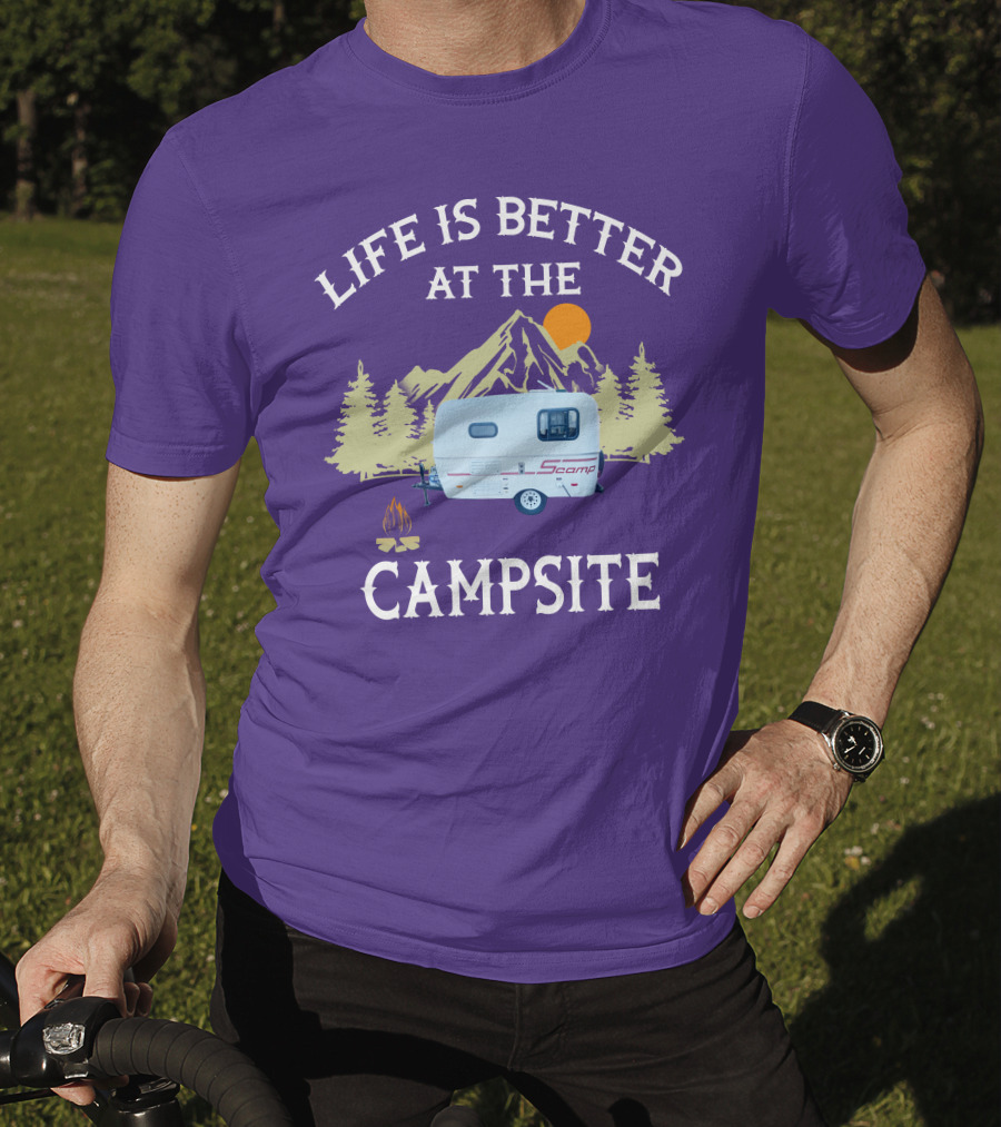 Life Is Better At The Campsite Scamp Small Travel Trailers Mountain Sunset T-Shirt