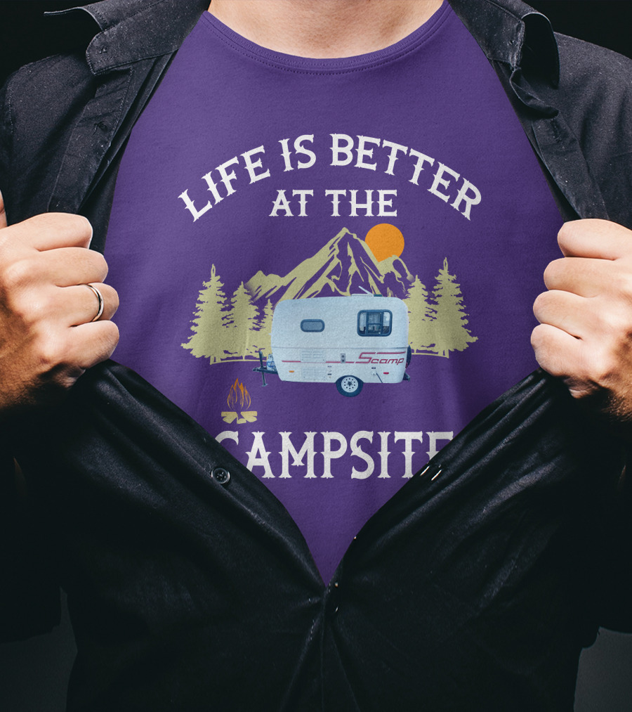 Life Is Better At The Campsite Scamp Small Travel Trailers Mountain Sunset T-Shirt