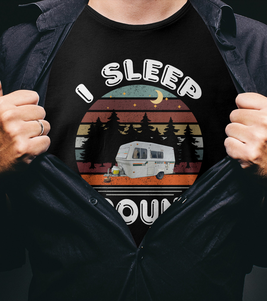 I Sleep Around Bigfoot Fiberglass Camper Forest Scene T-Shirt