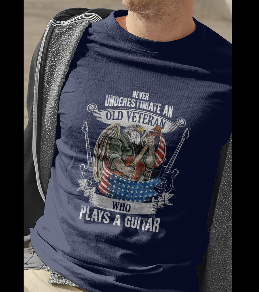 Never Underestimate An Old Veteran Who Plays A Guitar Eagle USA Flag T-Shirt