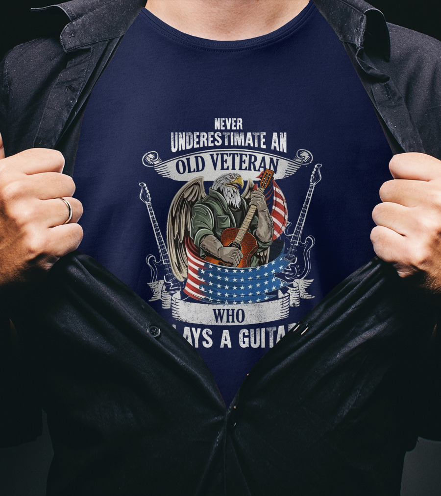Never Underestimate An Old Veteran Who Plays A Guitar Eagle USA Flag T-Shirt