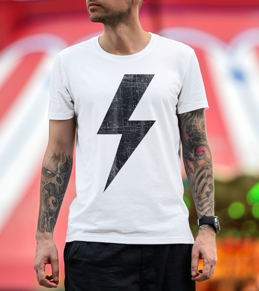 Retro Distressed Black Lightning Bolt Graphic Vintage Aesthetic T-Shirt