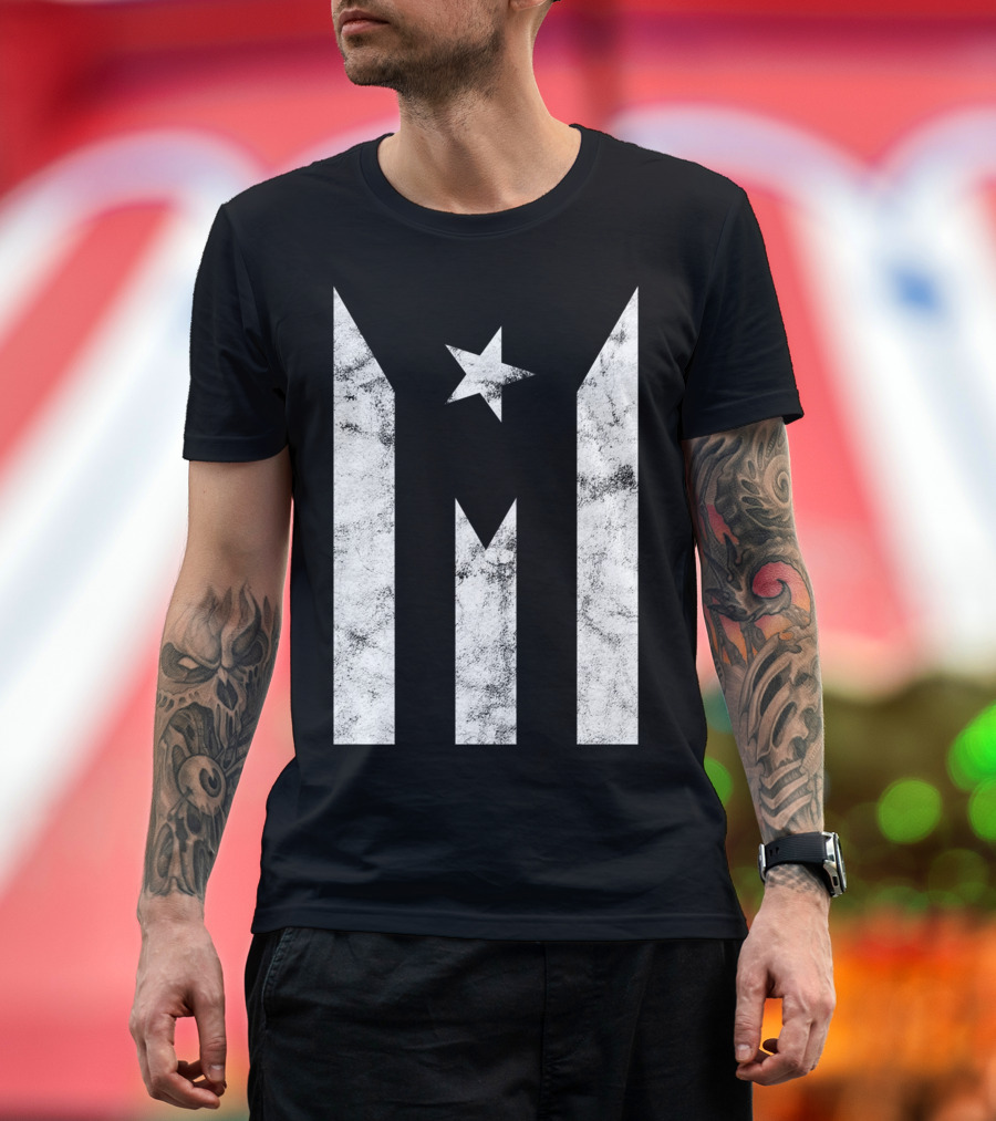 Puerto Rico Black Flag Distressed Vertical Stripes and Star T-Shirt