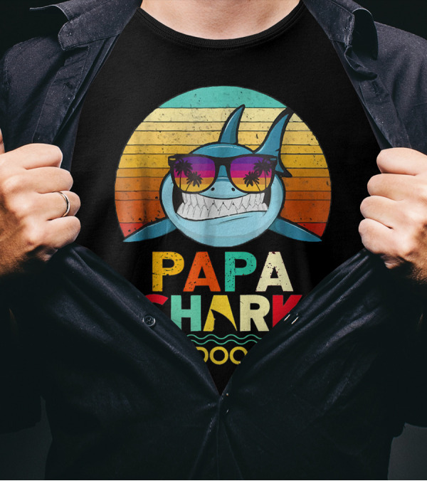 Papa Shark Doo Doo Doo Retro Vintage Sunglasses Beach Sunset T-Shirt