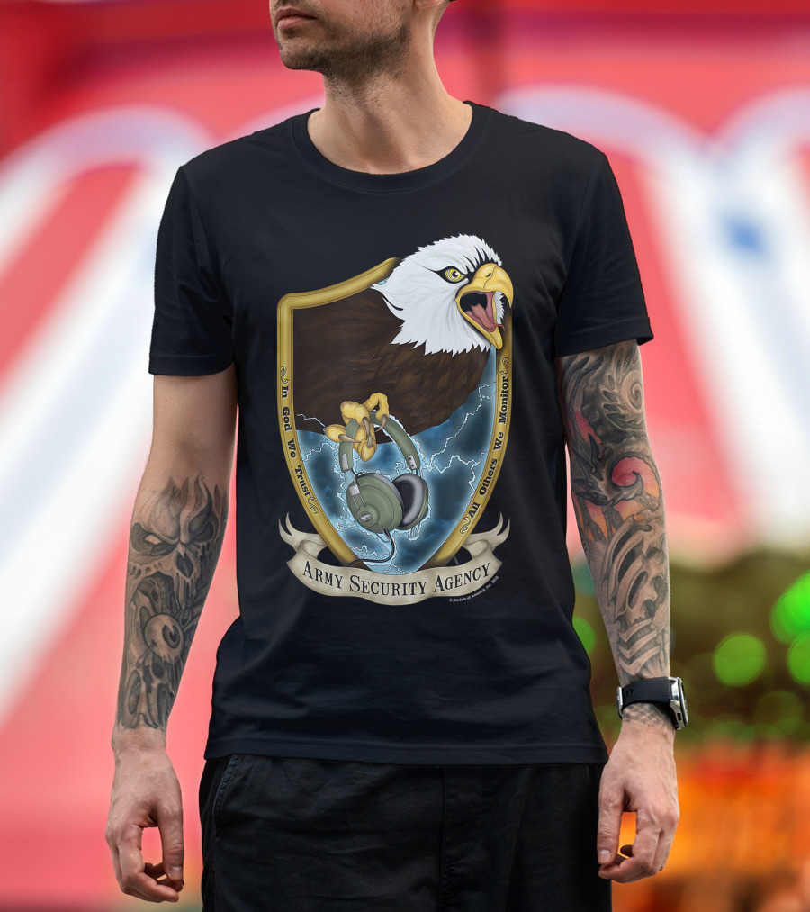 Army Security Agency Bald Eagle Emblem with Headphones and Lightning T-Shirt