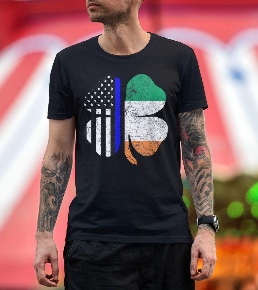 Thin Blue Line Shamrock Irish American Flag T-Shirt