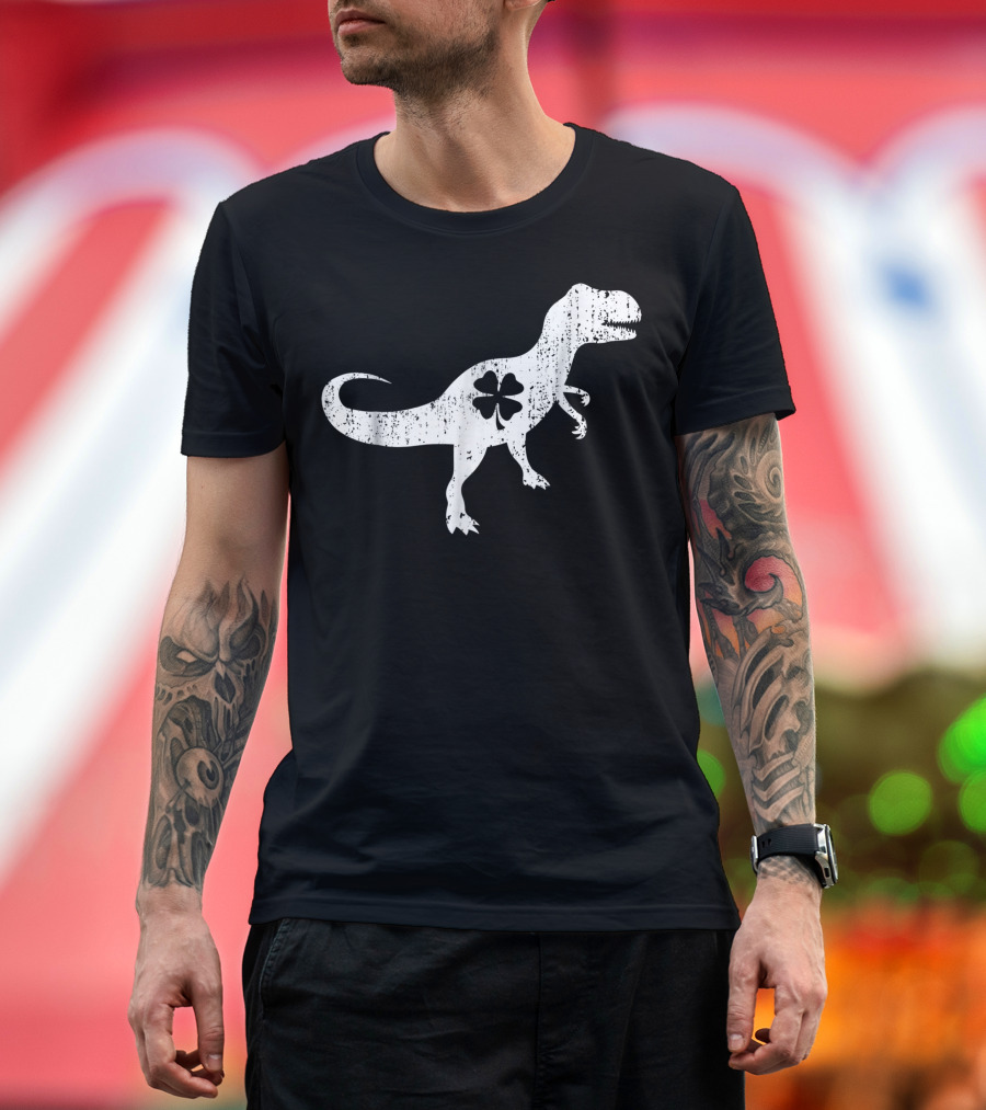 Cute Dinosaur With Distressed Clover T-Shirt