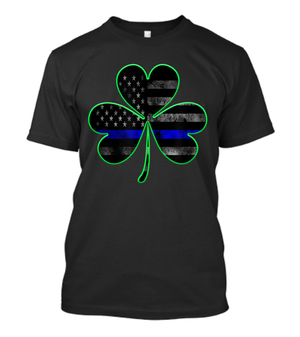 Distressed Thin Blue Line American Flag Shamrock St. Patrick's Day T-Shirt