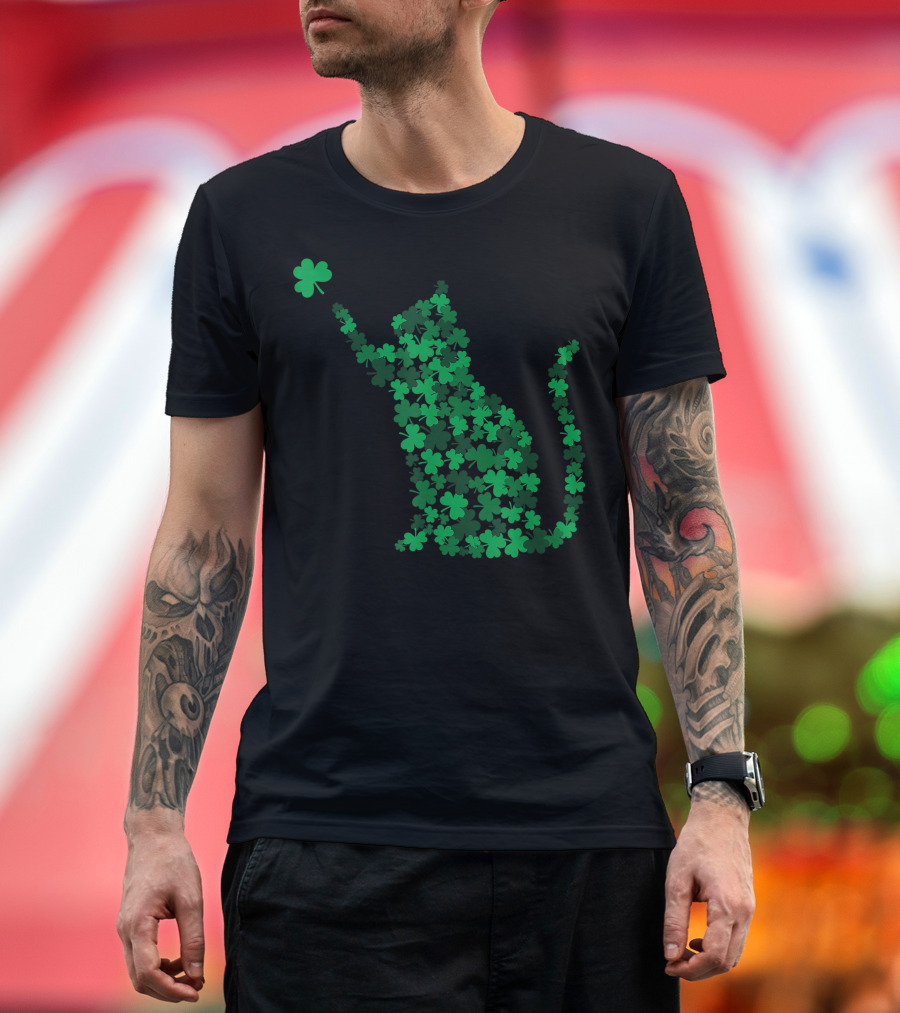 Happy Saint Patrick's Day Shamrock Cat Silhouette with Clover T-Shirt