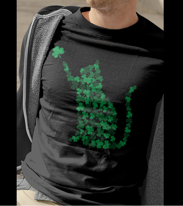 Happy Saint Patrick's Day Shamrock Cat Silhouette With Clover T-Shirt