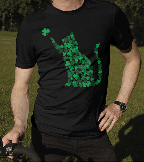 Happy Saint Patrick's Day Shamrock Cat Silhouette With Clover T-Shirt