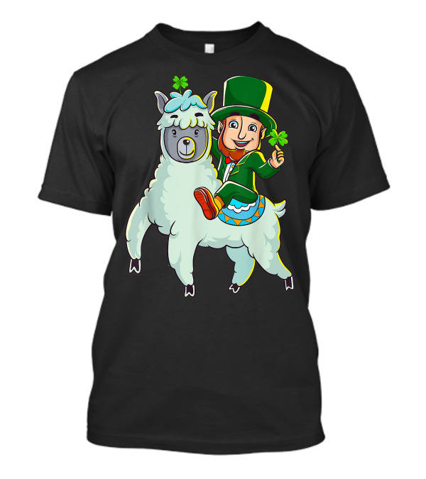 Leprechaun Holding Shamrock Riding Llama With Green Hat And Red Shoes T-Shirt