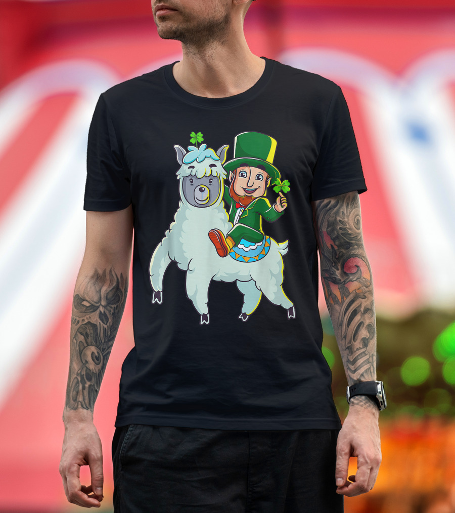 Leprechaun Holding Shamrock Riding Llama with Green Hat and Red Shoes T-Shirt