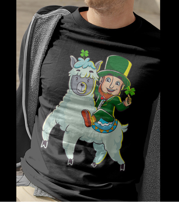 Leprechaun Holding Shamrock Riding Llama With Green Hat And Red Shoes T-Shirt