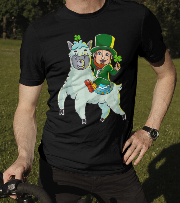 Leprechaun Holding Shamrock Riding Llama With Green Hat And Red Shoes T-Shirt