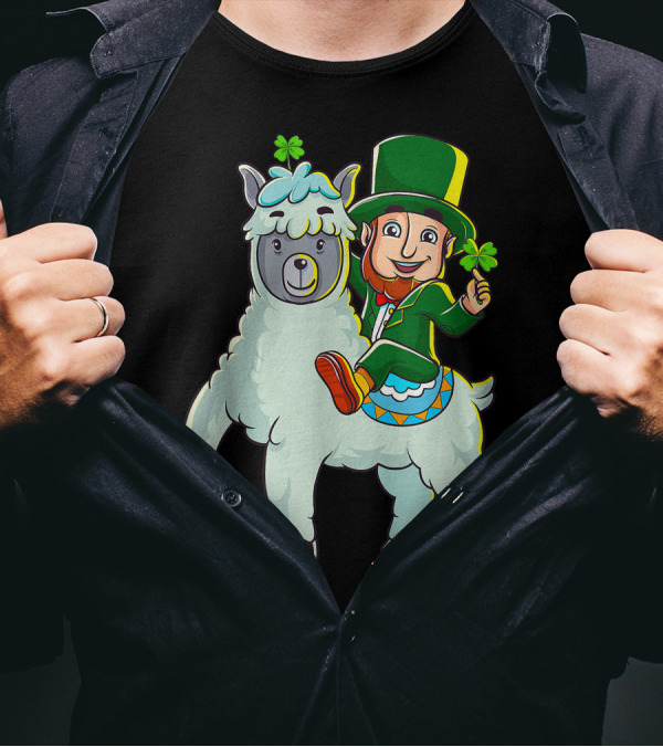 Leprechaun Holding Shamrock Riding Llama With Green Hat And Red Shoes T-Shirt