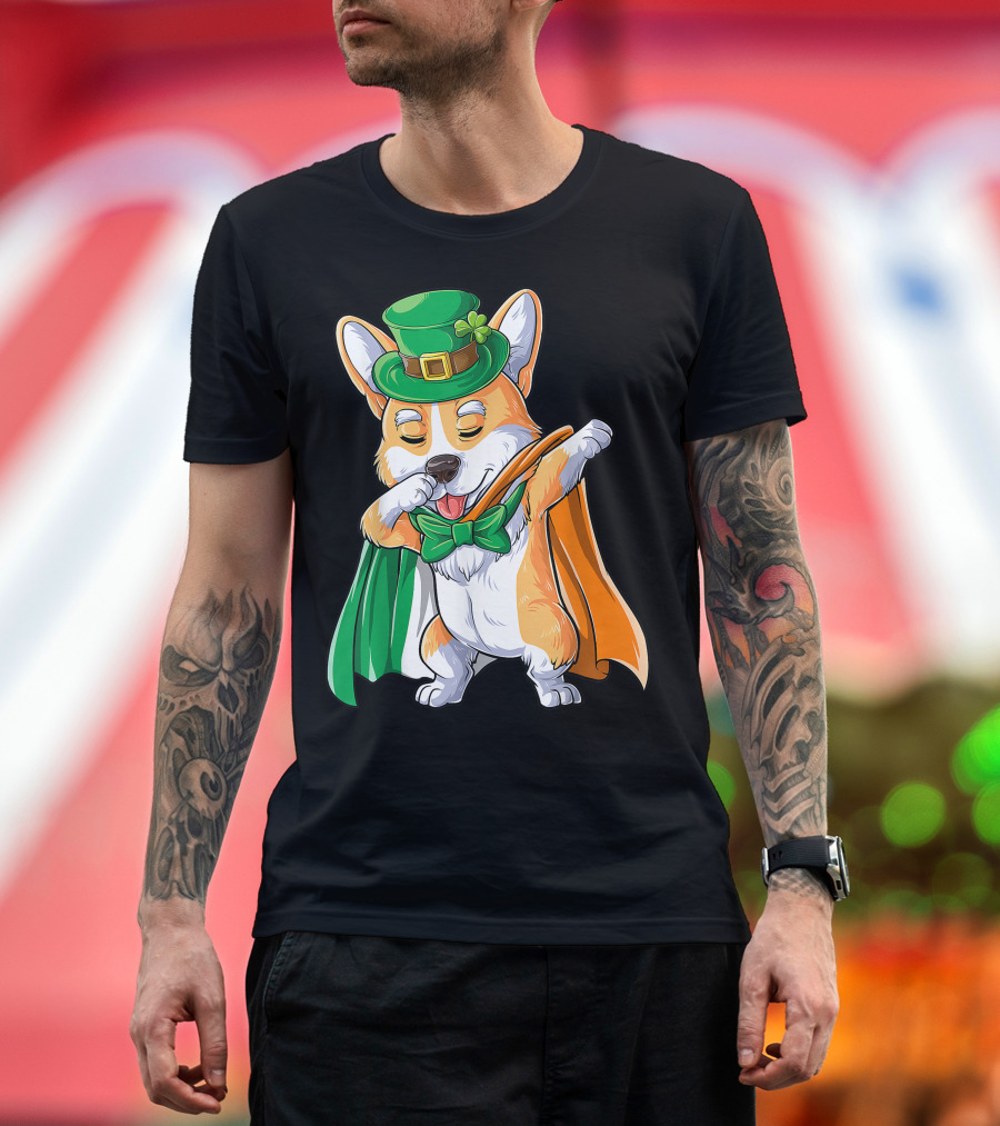 Dabbing Corgi St Patricks Day Leprechaun Dog Irish Flag Hat Bow Tie T-Shirt
