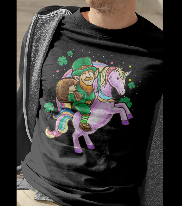 Leprechaun Riding A Unicorn St. Patrick's Day Fun With Shamrocks T-Shirt