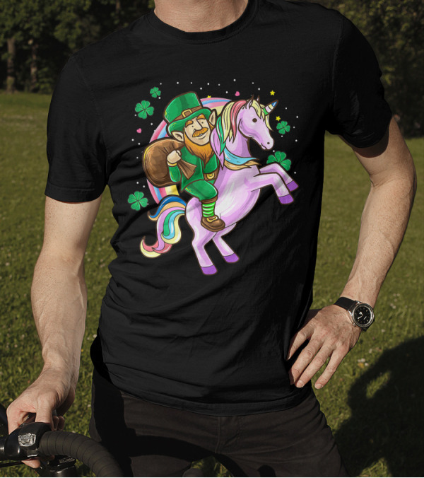 Leprechaun Riding A Unicorn St. Patrick's Day Fun With Shamrocks T-Shirt