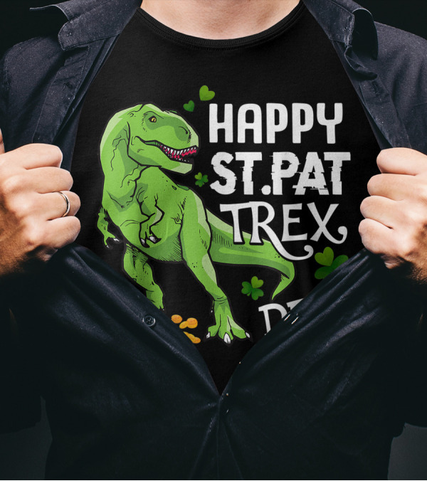 Happy St Pat T-Rex Day Dinosaur With Shamrocks And Coins T-Shirt