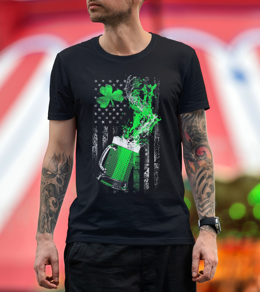 Green Beer Shamrock American Flag Splash T-Shirt