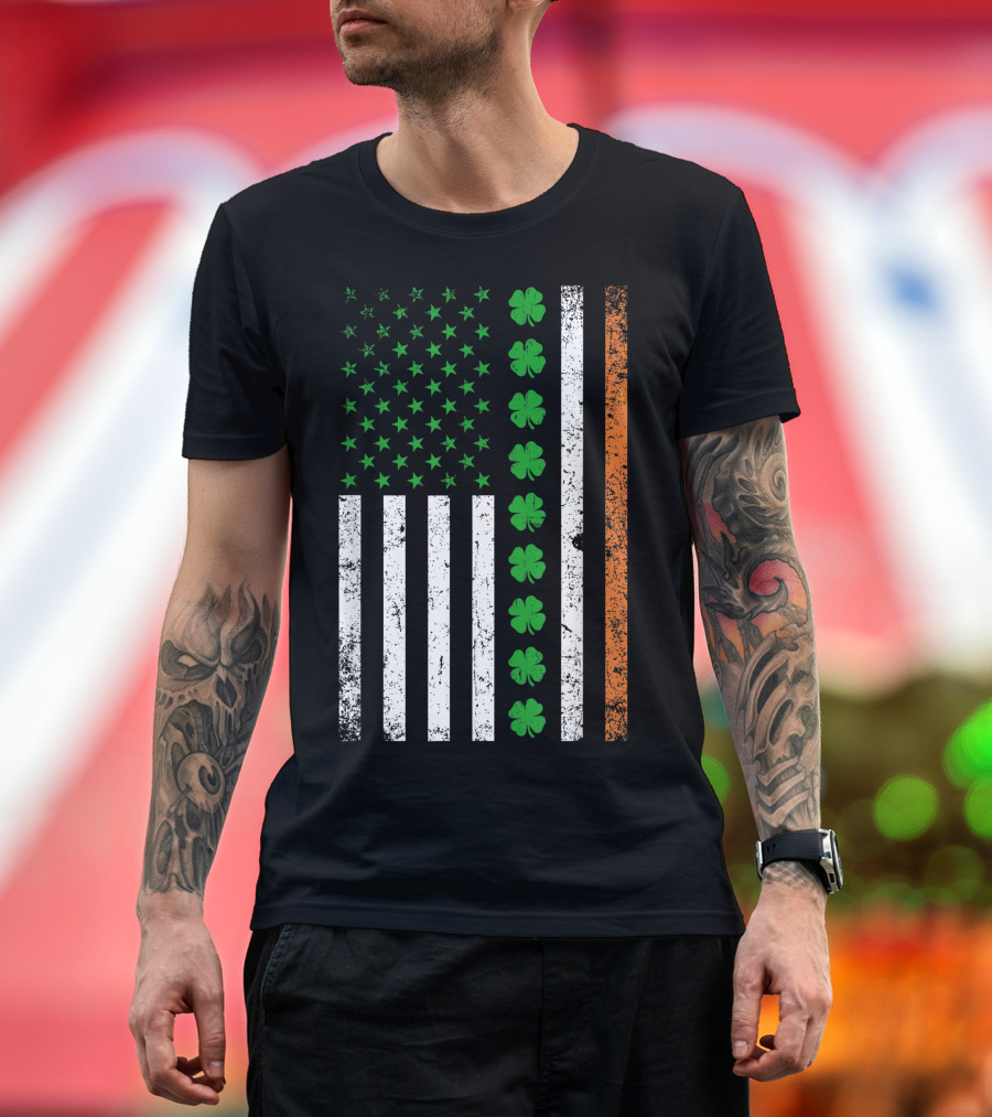 Irish American Flag with Shamrocks and Stripes T-Shirt