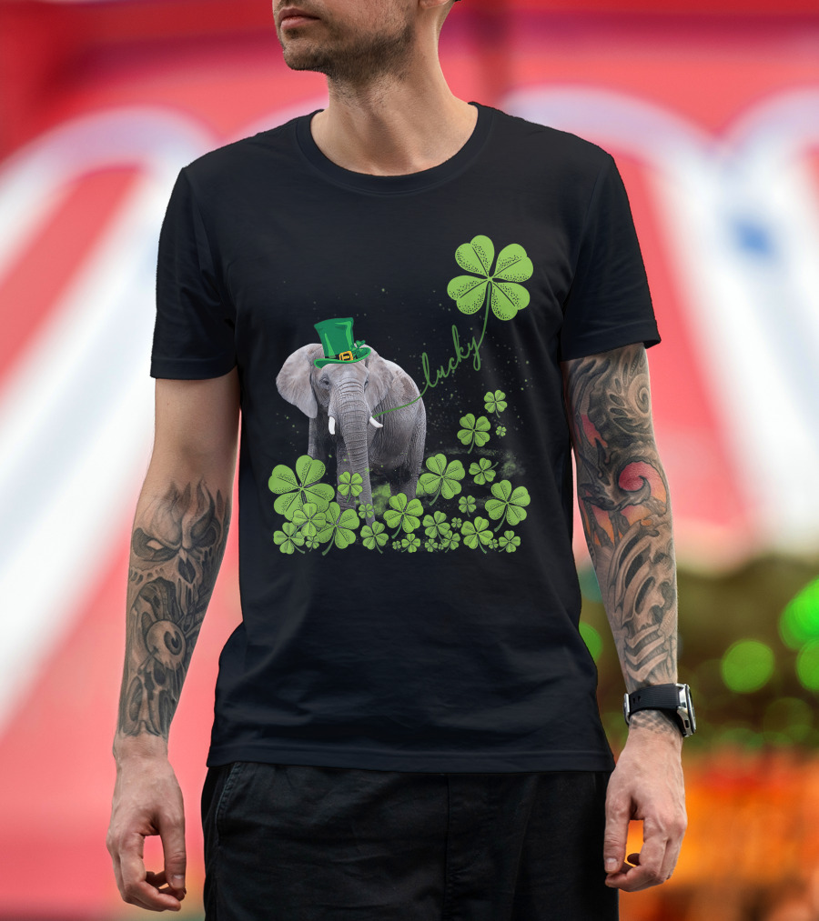 Lucky Elephant with Shamrock Hat and Clovers T-Shirt