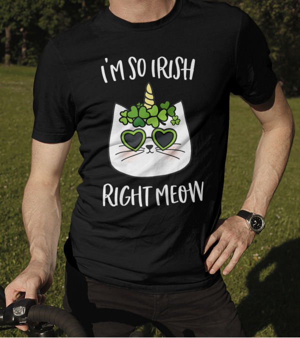 I'm So Irish Right Meow Shamrock Cat With Heart Sunglasses T-Shirt