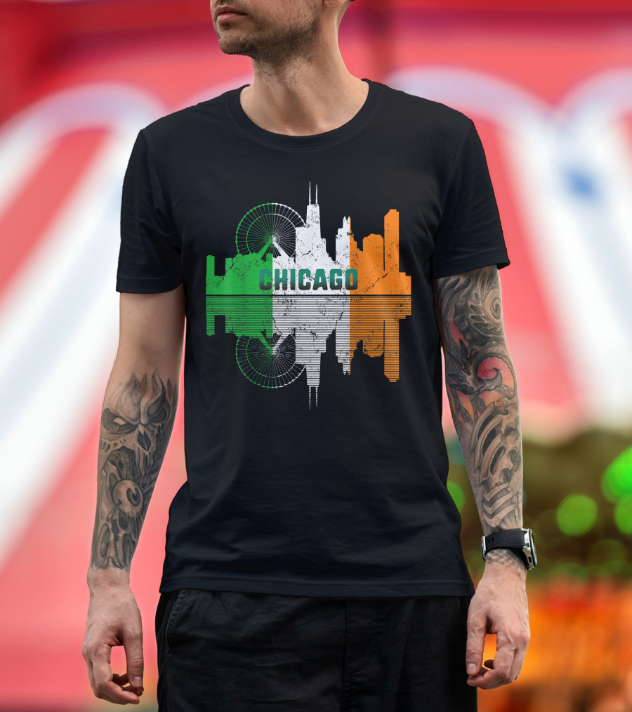 Chicago Skyline Irish Flag St Patricks Day Shamrock T-Shirt