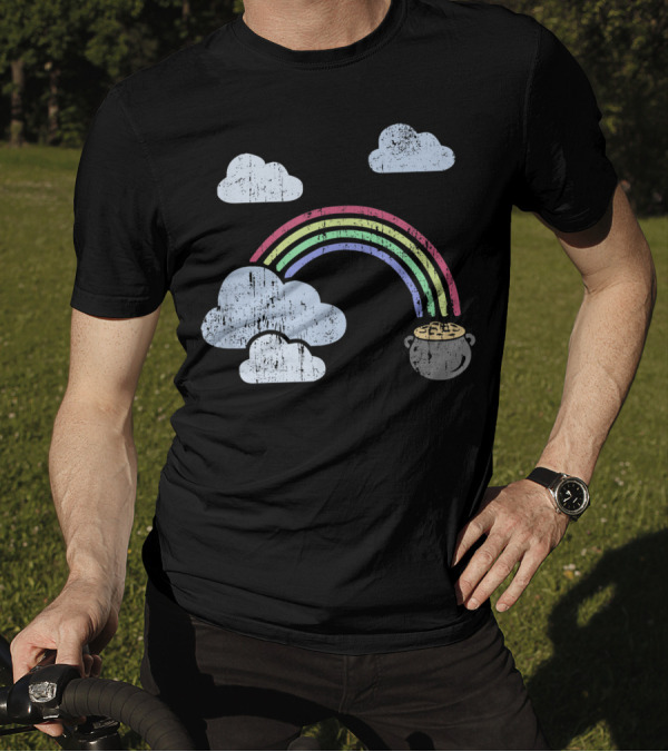 St. Patrick's Day Retro Rainbow Pot Of Gold With Clouds T-Shirt