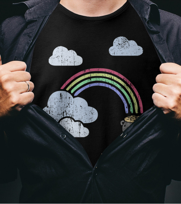 St. Patrick's Day Retro Rainbow Pot Of Gold With Clouds T-Shirt