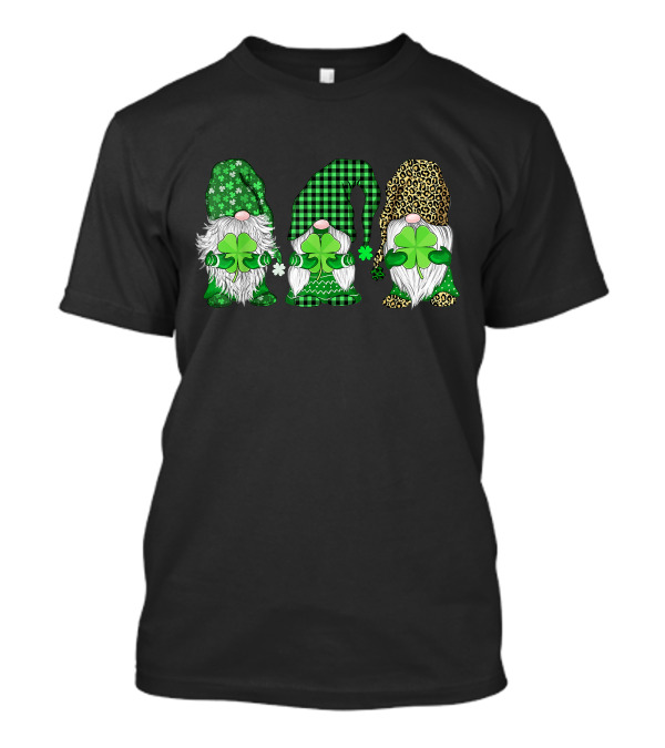 Happy St. Patrick's Day Three Gnomes Holding Shamrock With Green Plaid And Leopard Print Hats T-Shirt