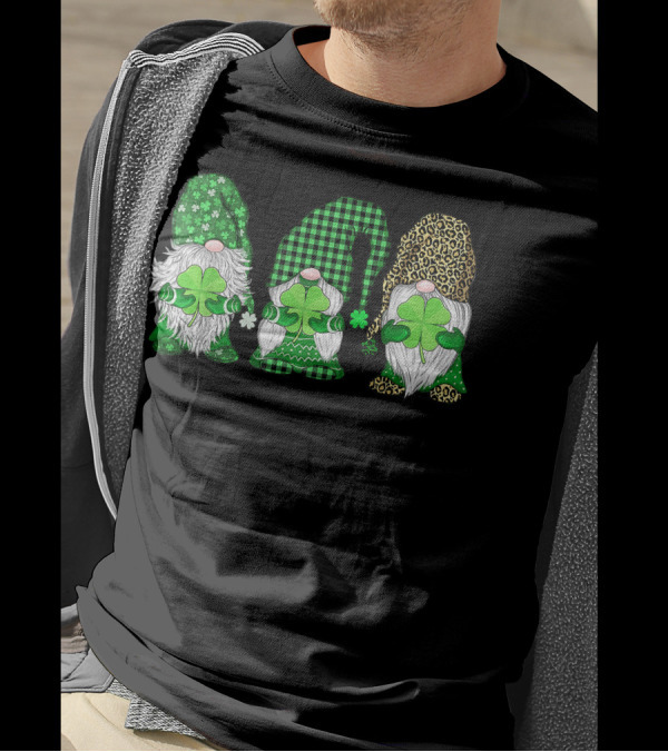 Happy St. Patrick's Day Three Gnomes Holding Shamrock With Green Plaid And Leopard Print Hats T-Shirt