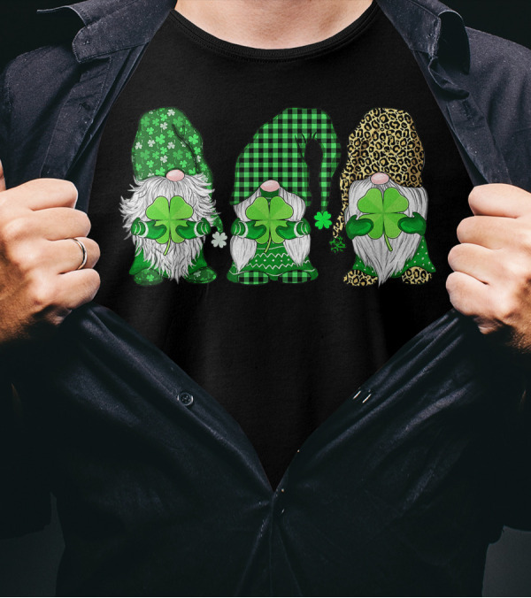Happy St. Patrick's Day Three Gnomes Holding Shamrock With Green Plaid And Leopard Print Hats T-Shirt