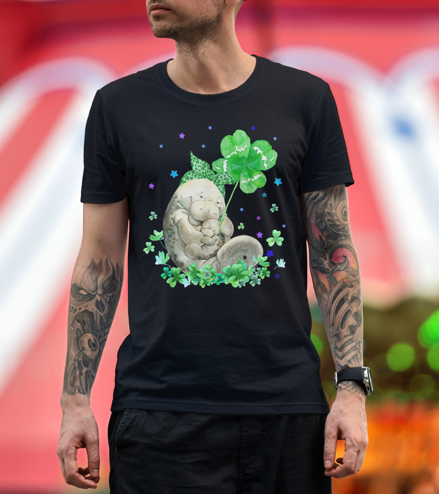 Manatee with Shamrock Holding Baby Surrounded by Stars and Clovers T-Shirt