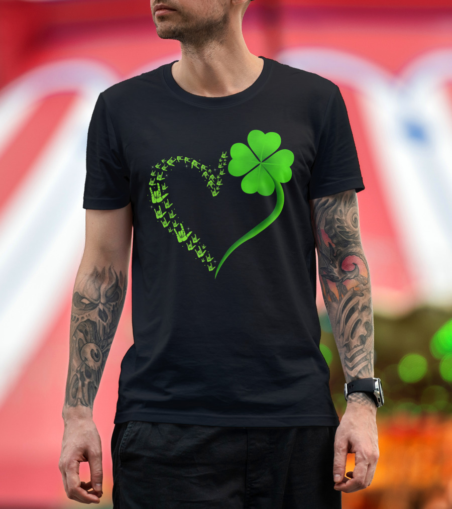 I Love You Hand Sign Language Heart in Shamrock Shape T-Shirt