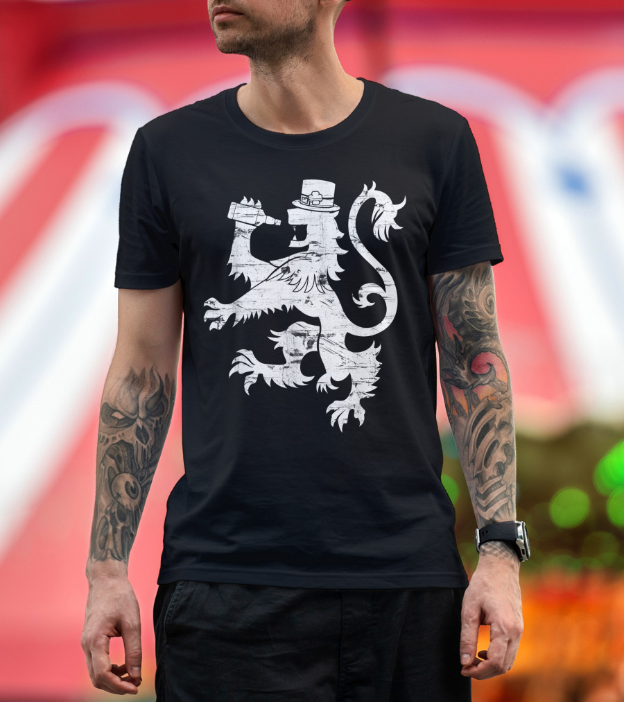 Lion Coat of Arms with Leprechaun Hat Drinking Irish Whiskey T-Shirt