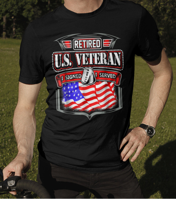 Retired U.S. Veteran I Signed I Served DD 214 American Flag Dog Tags T-Shirt