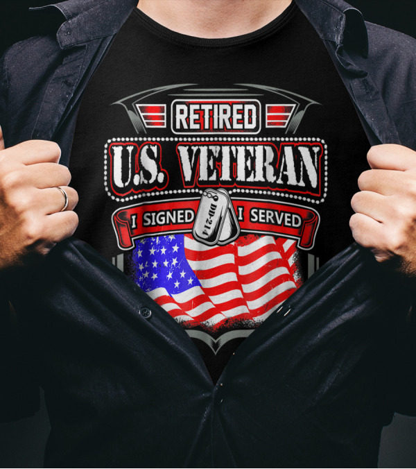 Retired U.S. Veteran I Signed I Served DD 214 American Flag Dog Tags T-Shirt