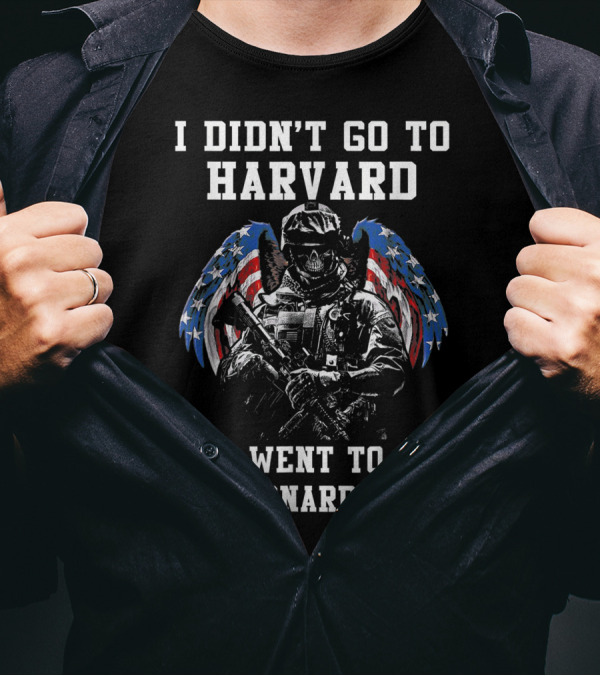 I Didn't Go To Harvard I Went To Ft Leonard Wood Veteran Graphic With Soldier And Patriotic Wings T-Shirt