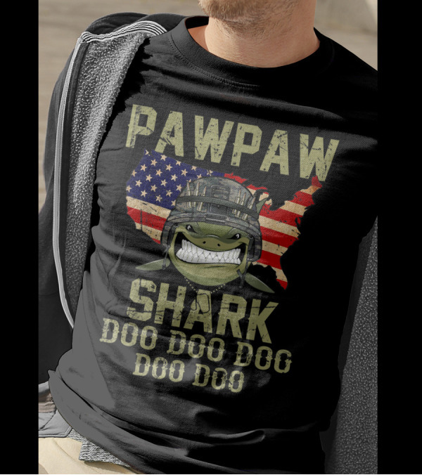 Pawpaw Shark Doo Doo Doo Doo Doo Military Veteran Army USA Flag T-Shirt