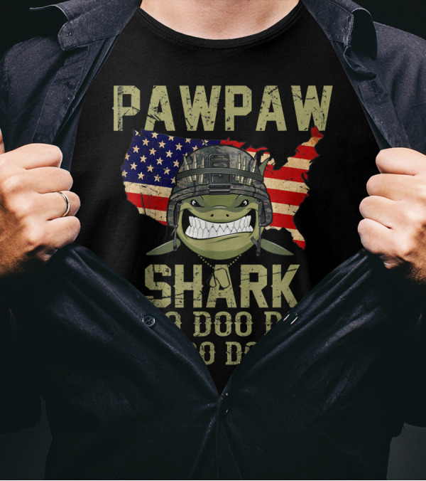 Pawpaw Shark Doo Doo Doo Doo Doo Military Veteran Army USA Flag T-Shirt