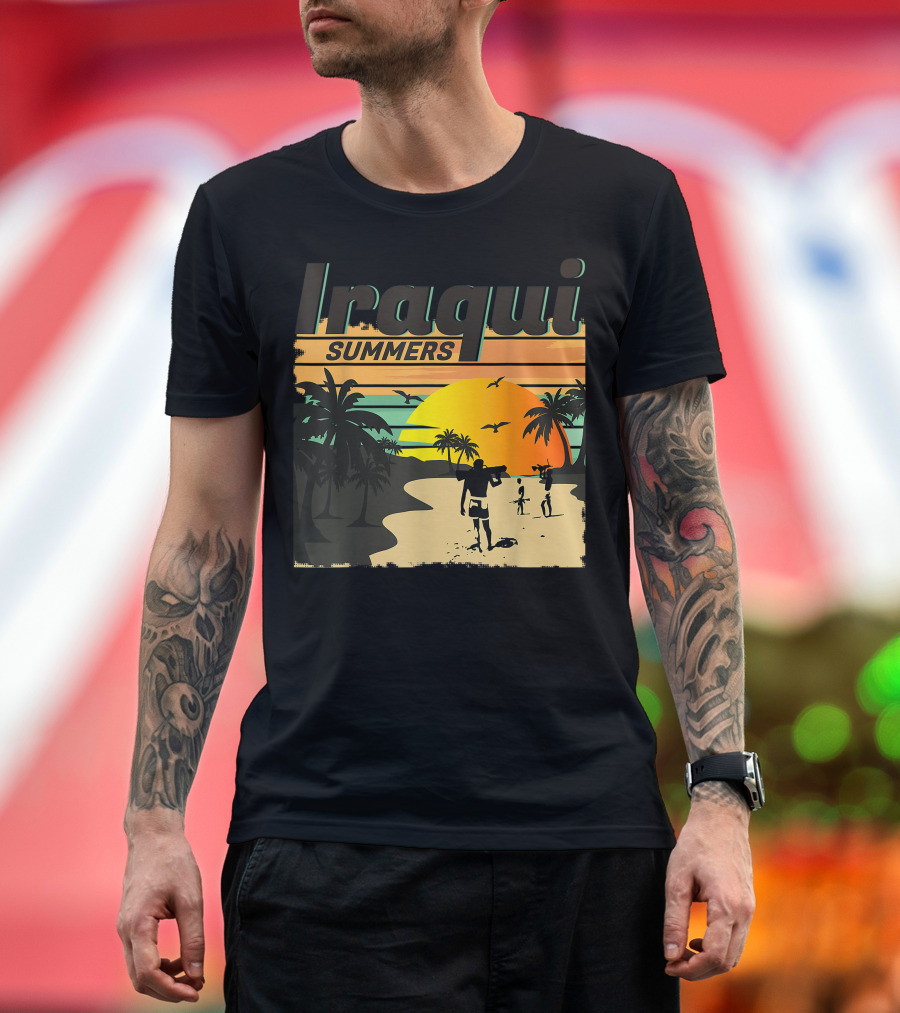 Iraqi Summers Palm Trees Sunset Beach Scene with Family Strolling T-Shirt