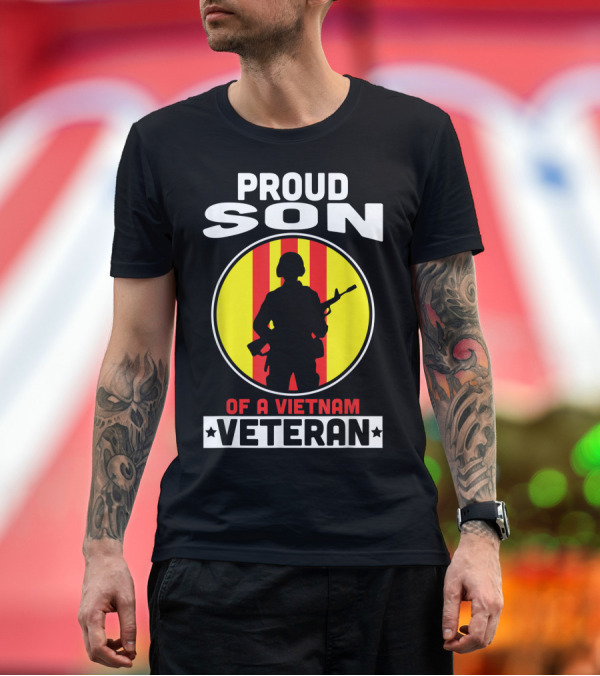 Premium T-Shirt: Proud Son of a Vietnam Veteran Silhouette with Rifle and Red Yellow Stripes T-Shirt Proud Son of a Vietnam Veteran Silhouette with Rifle and Red Yellow Stripes T-Shirt