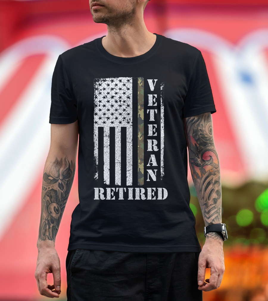 Retired Army Veteran American Flag Camo Proud Veteran T-Shirt