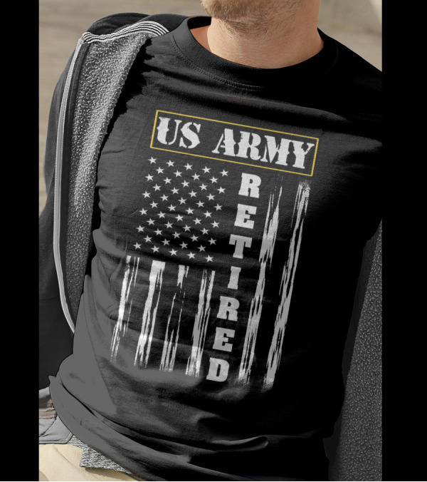 US Army Retired Distressed American Flag Vertical Stripes T-Shirt