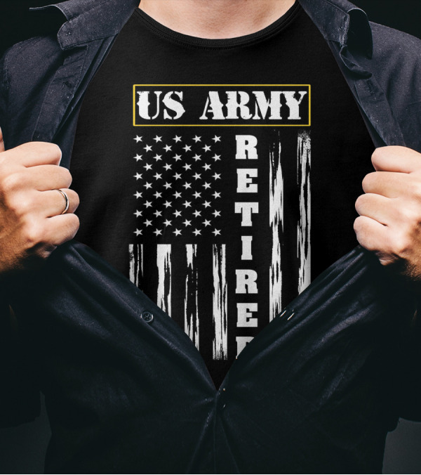 US Army Retired Distressed American Flag Vertical Stripes T-Shirt