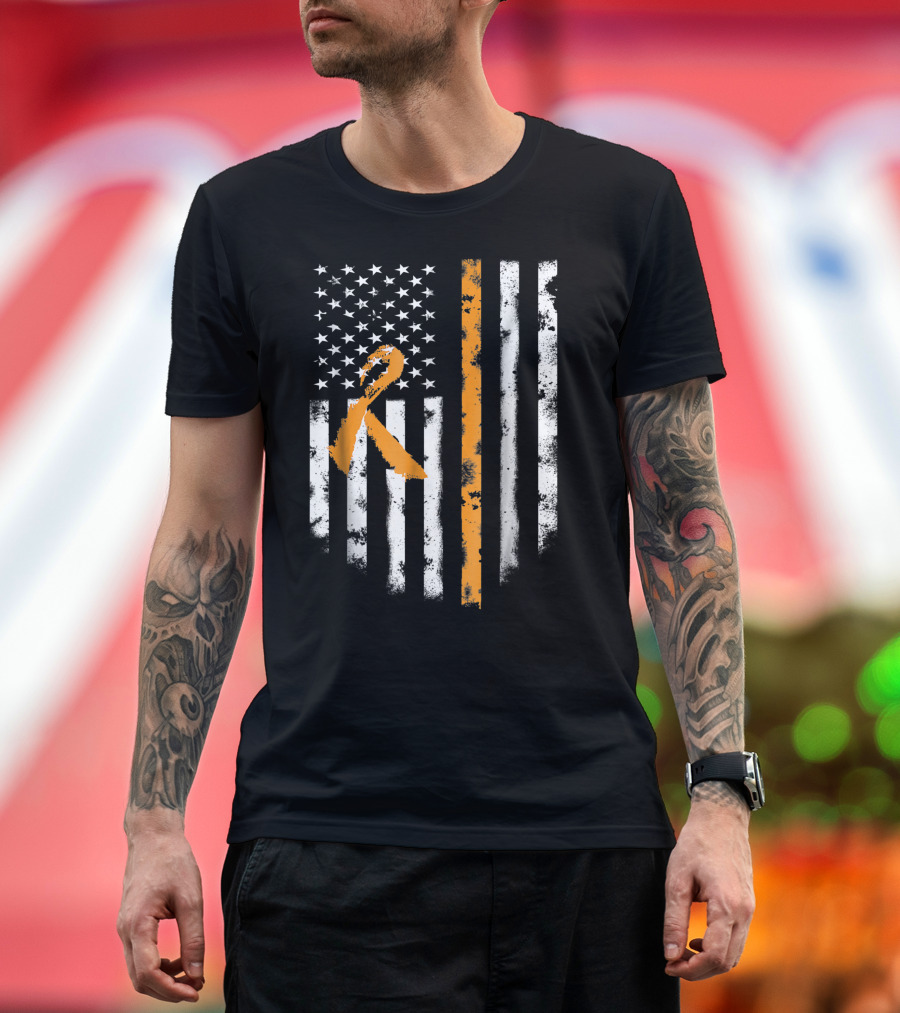 American Flag with MS Awareness Orange Ribbon T-Shirt