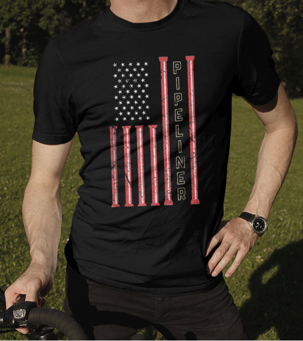 American Flag Pipeliner Vertical Pipe T-Shirt
