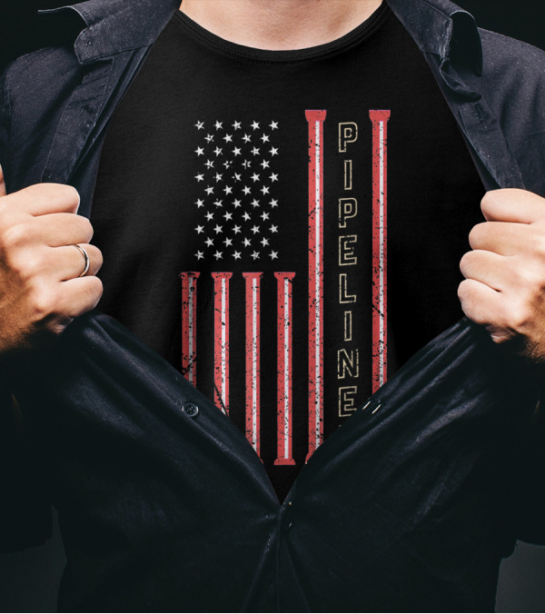 American Flag Pipeliner Vertical Pipe T-Shirt